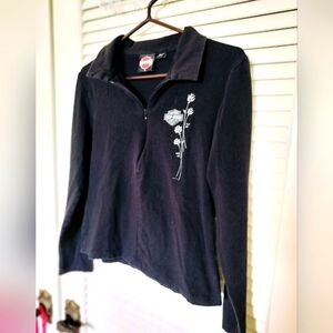 Harley-Davidson Black Quarter-Zip Pullover Shirt with White Floral Design Medium